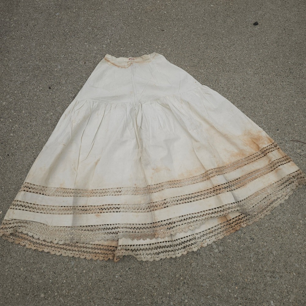 Antique 1800s Victorian White Cotton Petticoat Crochet Lace Trim Maxi Skirt 1890